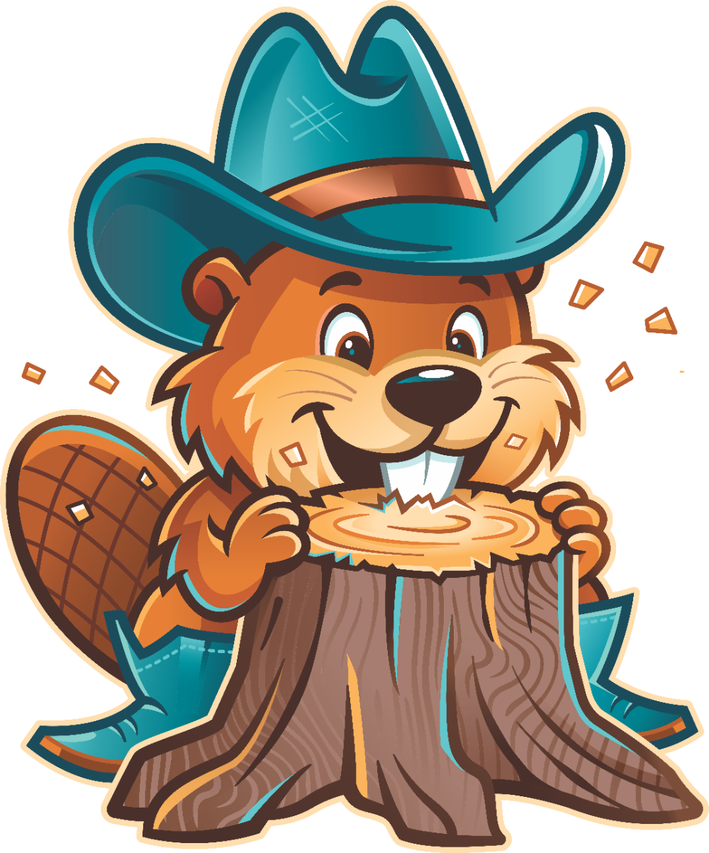 Gus, the Beaveroo Stump Grinding beaver mascot, in a cowboy hat